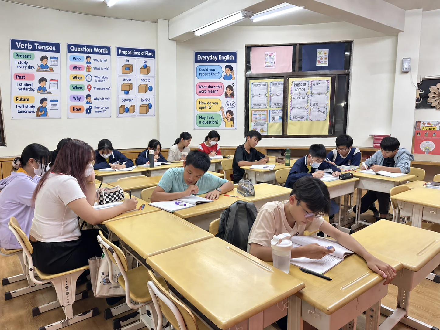 青少年美語班學生在英語教學海報前完成課堂練習